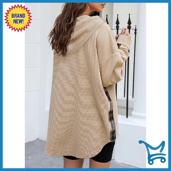 Waffle Knit Plaid Shacket Hooded Jacket Loose Fit Button Down Top - Picture 3 of 6